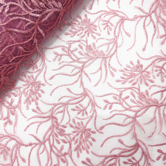 Embroidered Rouge Pink Color Net Fabric with Intricate Floral Patterns