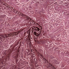 Embroidered Rouge Pink Color Net Fabric with Intricate Floral Patterns