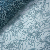 Embroidered Ocean Green Color Net Fabric with Intricate Floral Patterns