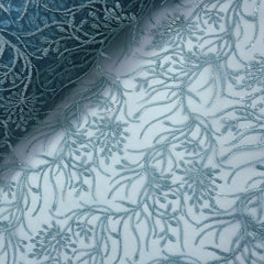 Embroidered Ocean Green Color Net Fabric with Intricate Floral Patterns