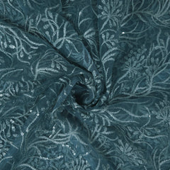 Embroidered Ocean Green Color Net Fabric with Intricate Floral Patterns