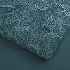 Embroidered Ocean Green Color Net Fabric with Intricate Floral Patterns