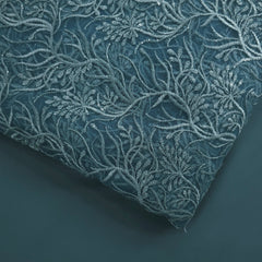 Embroidered Ocean Green Color Net Fabric with Intricate Floral Patterns