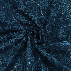 Embroidered Peacock Green Net Fabric with Intricate Floral Patterns