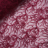Embroidered Red Net Fabric with Intricate Floral Patterns