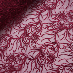 Embroidered Red Net Fabric with Intricate Floral Patterns