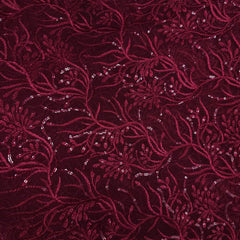 Embroidered Red Net Fabric with Intricate Floral Patterns