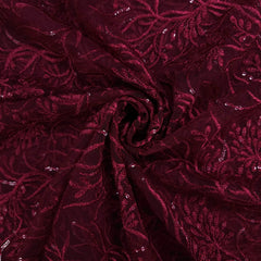 Embroidered Red Net Fabric with Intricate Floral Patterns