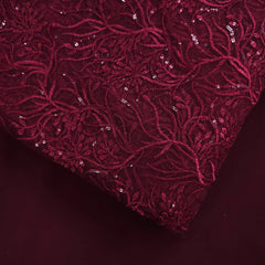 Embroidered Red Net Fabric with Intricate Floral Patterns