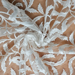 Dyeable Embroidered Net Fabric with Feather Motifs