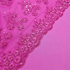 Embroidered Hot Pink Net Fabric with Floral Motifs