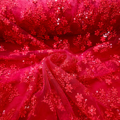 Embroidered Bright Red Net Fabric with Floral Motifs