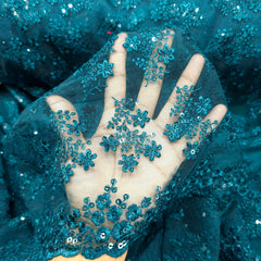 Embroidered Peacock Green Net Fabric with Floral Motifs