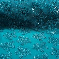 Embroidered Peacock Green Net Fabric with Floral Motifs