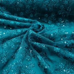 Embroidered Peacock Green Net Fabric with Floral Motifs