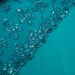 Embroidered Peacock Green Net Fabric with Floral Motifs