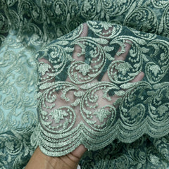 Embroidered Emerald Mist Net Fabric with Floral Motifs