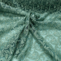 Embroidered Emerald Mist Net Fabric with Floral Motifs