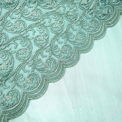 Embroidered Emerald Mist Net Fabric with Floral Motifs