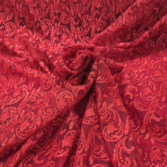 Embroidered Imperial Red Net Fabric with Floral Motifs