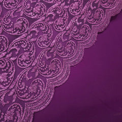 Embroidered Rich Purple Net Fabric with Floral Motifs