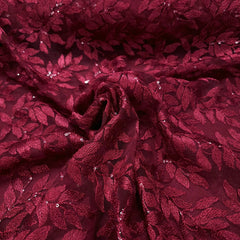 Leafy Threadwork Sequin Embroidered Maroon Net Fabric