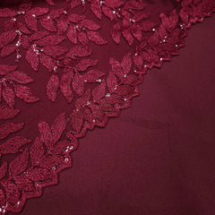Leafy Threadwork Sequin Embroidered Maroon Net Fabric