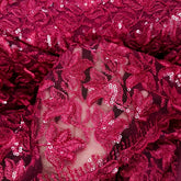 Lotus Threadwork Sequin Embroidered Maaroon Net Fabric