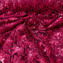 Lotus Threadwork Sequin Embroidered Maaroon Net Fabric