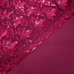 Lotus Threadwork Sequin Embroidered Maaroon Net Fabric