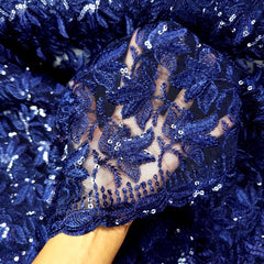 Lotus Threadwork Sequin Embroidered Navy Blue Net Fabric