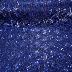 Lotus Threadwork Sequin Embroidered Navy Blue Net Fabric