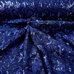 Lotus Threadwork Sequin Embroidered Navy Blue Net Fabric