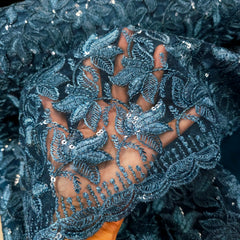 Lotus Threadwork Sequin Embroidered Cobalt Blue Net Fabric