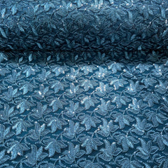 Lotus Threadwork Sequin Embroidered Cobalt Blue Net Fabric