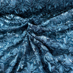 Lotus Threadwork Sequin Embroidered Cobalt Blue Net Fabric