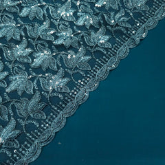Lotus Threadwork Sequin Embroidered Cobalt Blue Net Fabric