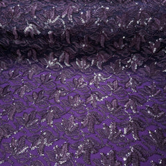 Lotus Threadwork Sequin Embroidered Dark Purple Net Fabric