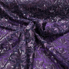 Lotus Threadwork Sequin Embroidered Dark Purple Net Fabric