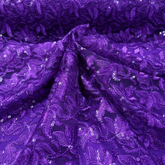 Lotus Threadwork Sequin Embroidered Violet Net Fabric