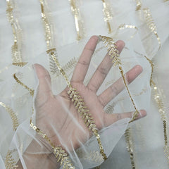 Rahat Gold Sequin & Zari Linear Embroidered Dyeable Net Fabric
