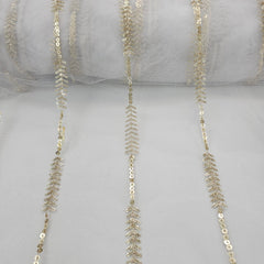 Rahat Gold Sequin & Zari Linear Embroidered Dyeable Net Fabric