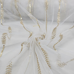Rahat Gold Sequin & Zari Linear Embroidered Dyeable Net Fabric