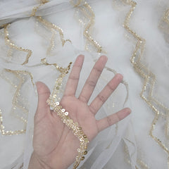 Rahat Gold Sequin & Zari Zig - Zag Embroidered Dyeable Net Fabric