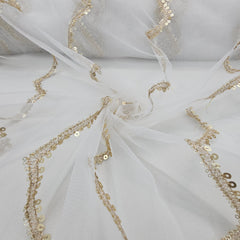 Rahat Gold Sequin & Zari Zig - Zag Embroidered Dyeable Net Fabric