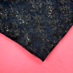 Leafy Threadwork Sequin Embroidered Black Net Fabric