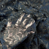 Leafy Threadwork Sequin Embroidered Black Net Fabric