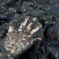 Leafy Threadwork Sequin Embroidered Black Net Fabric