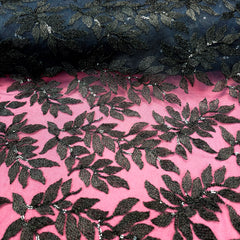Leafy Threadwork Sequin Embroidered Black Net Fabric