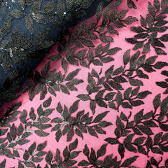 Leafy Threadwork Sequin Embroidered Black Net Fabric